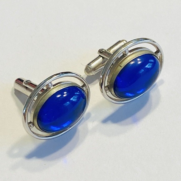 Vintage Anson Cufflinks Silvertone & Blue Jelly Belly Polished Stone Centers - Picture 2 of 8